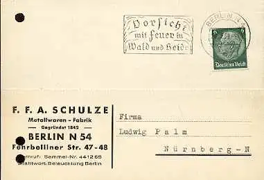 x16060; Feuer Stempel: Vorsicht mit Feuer in Wald und Heide. Berlin N4,27.08.1939; (gelocht).