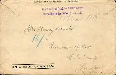 x16069; Kriegsgefangenepost. Brief eines deutschen Kriegsgefangenen aus Australien (18.Nov.1916) an einen Infanteristen in Deutschland. Der Brief ist durch mehrere Einheiten gegangen und mit Stempeln oder den Vermerken: nicht gefunden zurück an...
