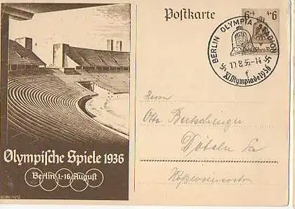 x16070; Olympiade Stempel: Berlin Olympia Stadion Olympiade 1936. 10.8.1936. Nach Döbeln.