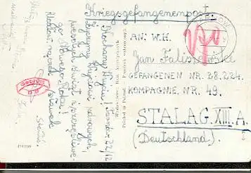 x16072; Kriegsgefangenepost. Tarnow 1939; Pol. Ak Karte nach Stalag XIII A ; geprüft (rot).
