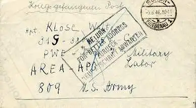 x16075; Kriegsgefangenepost: Brief nach USA Ra4 Zurück Neue Anschrift Abwarten. Berlin 3.6.46,