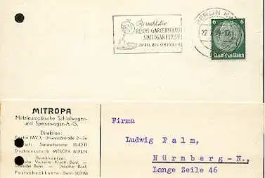 x16078; Stempel Garten: Besucht die Reichs Gartenschau Stuttgart 1939 April bis Oktober Berlin NW7 22.7.39; nach Nürnberg (gelocht).