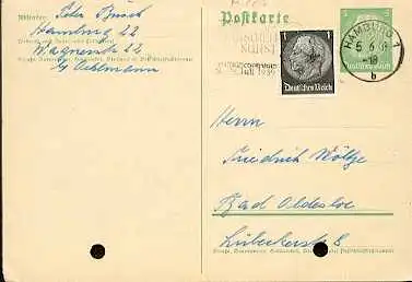 x16093; Kunst Stempel: Hamburg Tag der Deutschen Kunst München 1939 (schwach) auf P225 + Mi512 (gelocht).