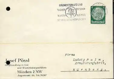 x16095; Tag der Deutschen Kunst. Grundsteinlegung Neuer Glaspalast München. München 1933 (gelocht). Auf Firmenkarte Josef Pössl.