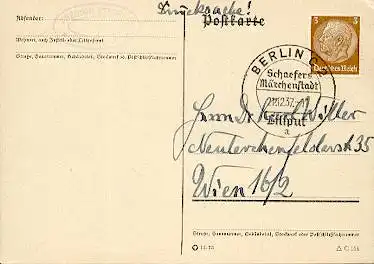 x16107; Märchen Stempel: Schaefers  Märchenstadt; Liliput; Berlin 21.12.1937 Mi513 EF nach Wien. auf Karte