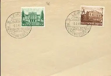 x16110; Messe Stempel: Leipzig Reichsmessestadt; Presse Postamt; Haus der Nationen; Leipzig 02.03.1941 Mi764+765 blanko