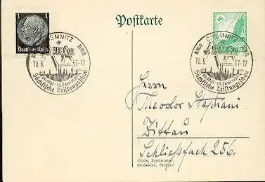 x16117; Messe Stempel: Sächsische Leistungsschau UFBAU 29 Mai bis 13 Juni 1937 (.Chemnitz 10.6.37 ) Mi512 +529 nach Zittau.