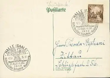 x16118; Messe Stempel: Mitteldeutsche Industrie Ausstellung 23.9 bis 9.10.1938. Halle (Saale) 6.10.38 Mi665