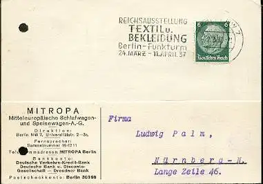 x16128; Reichsausstellung Textil u. Bekleidung Berlin Funkturm 24 März  11 April 37. Berlin 22.3.37. Mi516).