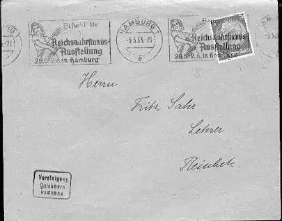 x16132; Messe Stempel: Besucht die Reichsnährstandes Ausstellung 28.5 2.6. in Hamburg. Hamburg 1, 9.5.35; BandStempel.