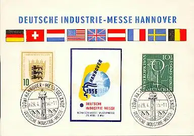 x16151; Messe Stempel: Deutsche Industrie Messe. Hannover Messegelände a29.4.56. Mi213+217