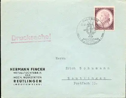 x16161; Musik Stempel: Salzburg Mozart Geburtsstadt Zum 150 Todestag 5.12.1941 Mi810 Drucksache nach Reutlingen. Herman Finck. Reutlingen