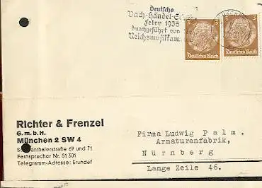 x16165; Musik Stempel: Deutsche Bach Händel Schütz Feier 1935 durchgeführt von der Reichsmusikkammer München 1935 auf Firmenkarte Richter und Frenzel. Mün. (gelocht).