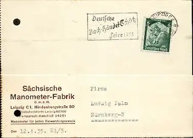 x16167; Musik Stempel: Deutsche Bach Händel Schütz Feier 1935. Leipzig C2, 12.4.35; auf Firmenkarte (gelocht).