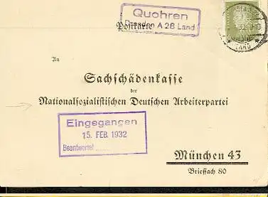 x16213; NS Zeit: An Geschäftelle der Sachschadenkasse Nationalsozialistischen Deutscher Arbeiterpartei. Posthilfstelle :Quohren/ Dresden A28 Land. Gebühren für Versammlung.