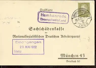 x16214; NS Zeit: An Sachschadenkasse der Nationalsozialistischen Deutscher Arbeiterpartei. Hemkenrode Braunschweig Land. Braunschweig 26.05.1932. Gebühren für Versammlung.