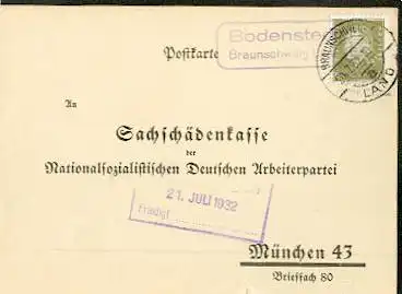 x16215; NS Zeit: An Geschäftelle der Nationalsozialistischen Deutscher Arbeiterpartei. Bodensted Braunschweig Land. Braunschweig 20.07.1932. Gebühren für Versammlung kl. Riss.