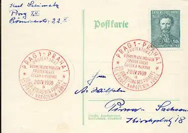 x16264; NS Zeit: Protektorat Böhmen und Mähren Prag 20.IV.1939 (rot. 2 sprach) nach Pirna.