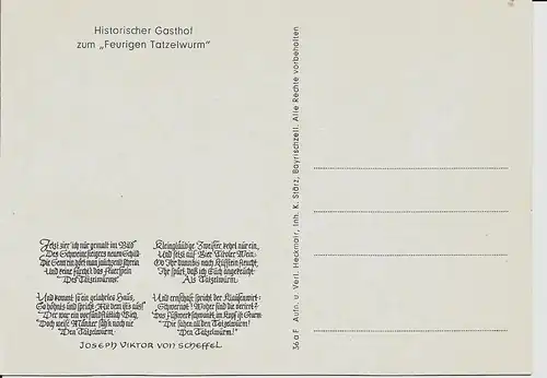 [Ansichtskarte] VS: Der Tatzelwurm - Liedtext ersten 4 Strophen
RS : Liedtext weitere 4 Strophen und #  Historischer Gasthof zum "Feurigen Tatzelwurm ". 