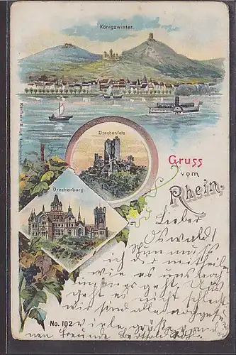 AK Litho Gruss vom Rhein 3.Ansichten 1900