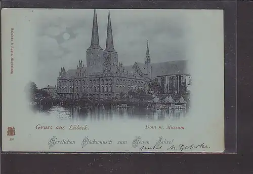 Mondschein AK Gruss aus Lübeck Dom u. Museum 1898