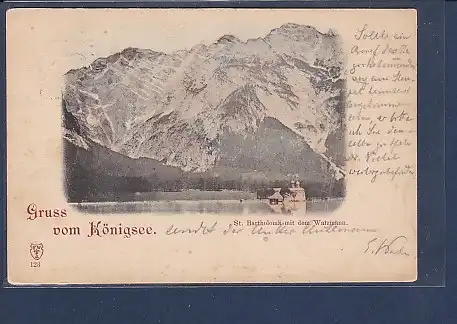 AK Gruss vom Königsee St. Bartholomä mit dem Watzmann 1900