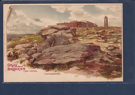 Litho AK Gruss vom Brocken Teufelskanzel 1901