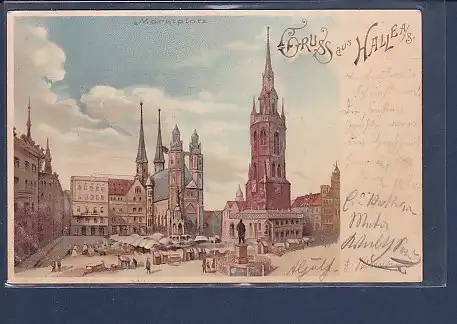 Litho AK Gruss aus Halle a/S. Marktplatz 1900