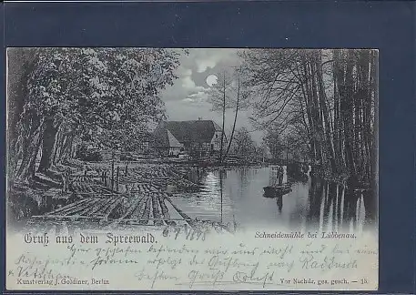 Mondschein AK Gruß aus dem Spreewald Schneidemühle bei Lübbenau 1898