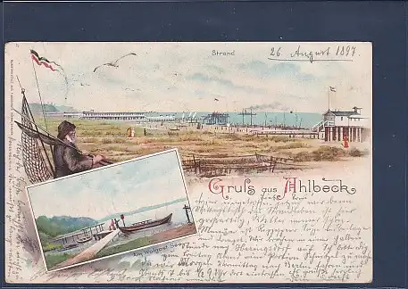 Litho AK Gruss aus Ahlbeck 2.Ansichten Strand 1897