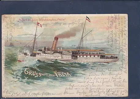 Litho AK Gruss von der Freia An Bord des Salon Schnelldampfer Freia 1897