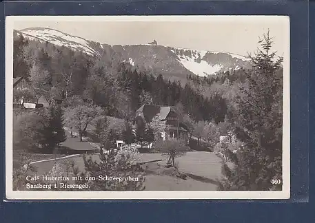 AK Cafe Hubertus mit den Schneegruben Saalberg i. Riesengeb. 1935