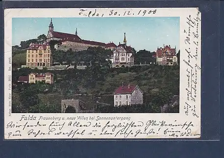 AK Fulda Frauenberg u. neue Villen bei Sonnenuntergang ( Metallic Fenster) 1900