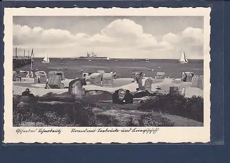 AK Ostseebad Scharbeutz Strand mit Seebrücke und Kriegsschiff 1940