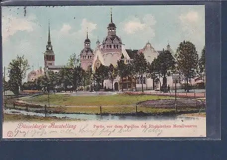 AK Düsseldorfer Ausstellung Partie vor dem Pavillon der Rheinischen Metallwaren 1902