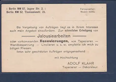 AK Adolf Klahr Tapezierer - Dekorateur Berlin NW 87 Jagow Str. 2 1920