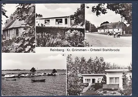 [Echtfotokarte schwarz/weiß] AK Reinberg - Kr. Grimmen - Ortsteil Stahlbrode  5.Ansichten  Dorfkirche - Kaufhalle - Teilansicht - Hafen - Bungalowsiedlung, gelaufen von 1982. 