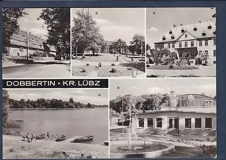 [Echtfotokarte schwarz/weiß] AK Dobbertin Kr. Lübz  5.Ansichten  Pionierschule Kurt Bürger - Psychiatrisches Pflegeheim - Psychiatrisches Pflegeheim Haus XVI - Am See - Sporthalle, gelaufen von 1975. 