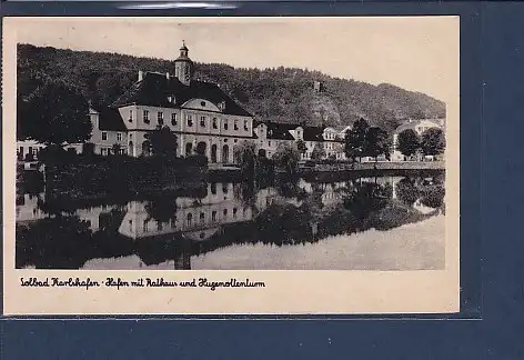 AK Karlshafen Hafen mit Rathaus und Hugenottenturm1951