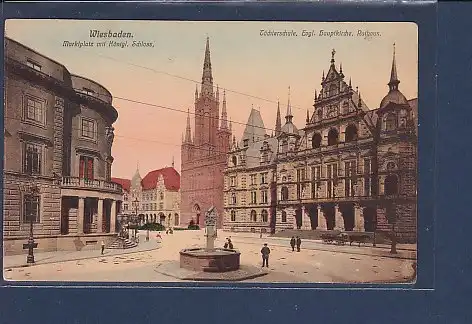 AK Wiesbaden Marktplatz Töchterschule Evgl. Hauptkirche 1907