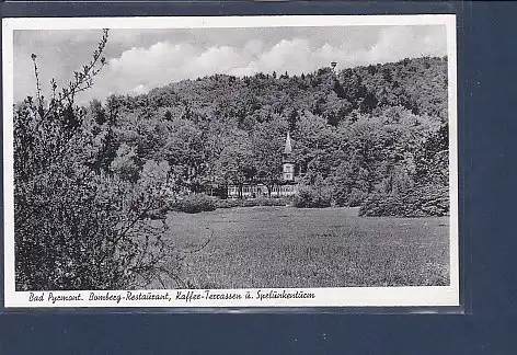 AK Bad Pyrmont Bomberg Restaurant Kaffee Terrassen u. Spelunkenturm 1953
