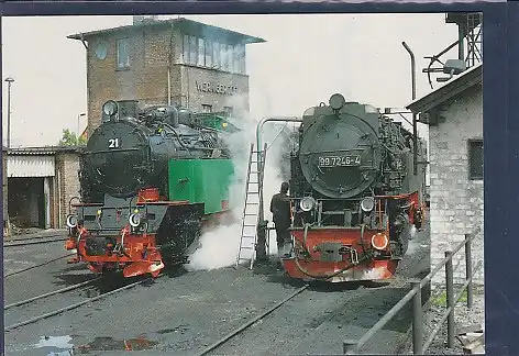 AK Lok 996001 und eine Neubaulok in der Lokeinsatzstelle Wernigerode Hbf. 1990