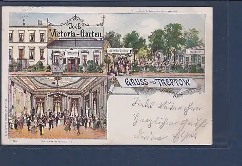 AK Litho Gruss aus Treptow Joels Victoria Garten 2.Ansichten 1901