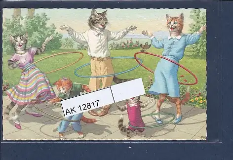 [Ansichtskarte] AK Vermenschlichte Katzen Familien beim Hula Hoop 1972. 
