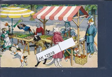 [Ansichtskarte] AK Vermenschlichte Katzen auf dem Markt mit Polizeihund 1972. 