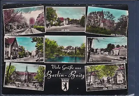 [Ansichtskarte] AK Viele Grüße aus Berlin Britz 8.Ansichten Onkel Bräsig Straße - Buschkrugallee 1960. 