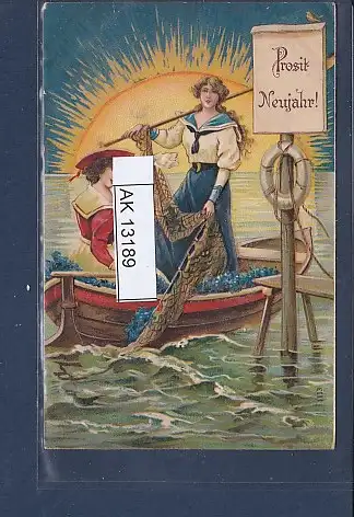 [Ansichtskarte] Präge AK Prosit Neujahr 2 Frauen im Boot mit Netz 1908. 