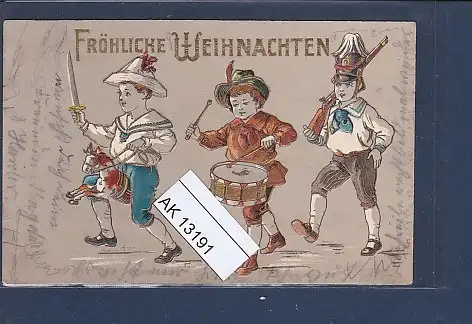 [Ansichtskarte] Präge AK Fröhliche Weihnachten Kinder in Uniform mit Spielzeug 1908. 