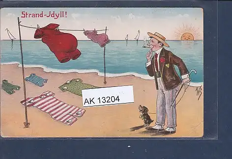 [Ansichtskarte] AK Strand - Idyll! Mann mit Hund am Strand Bademode auf der Leine 1920. 