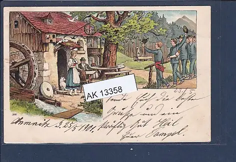 [Ansichtskarte] Litho AK Wandersleut kommen an einem Haus vorbei mit Wasserrad 1901. 